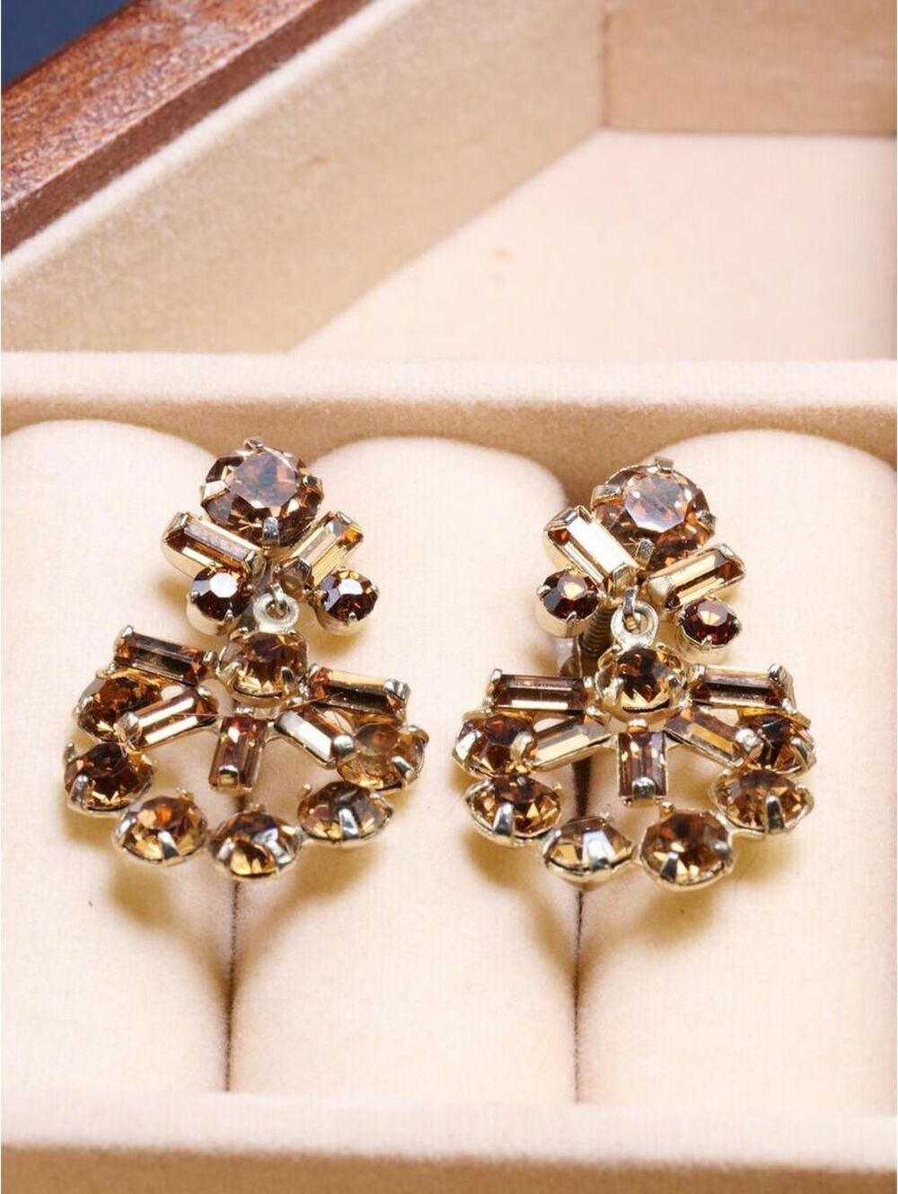 Vintage Sherman Rhinestone Chandelier Earrings, Amber Brown Screw Back